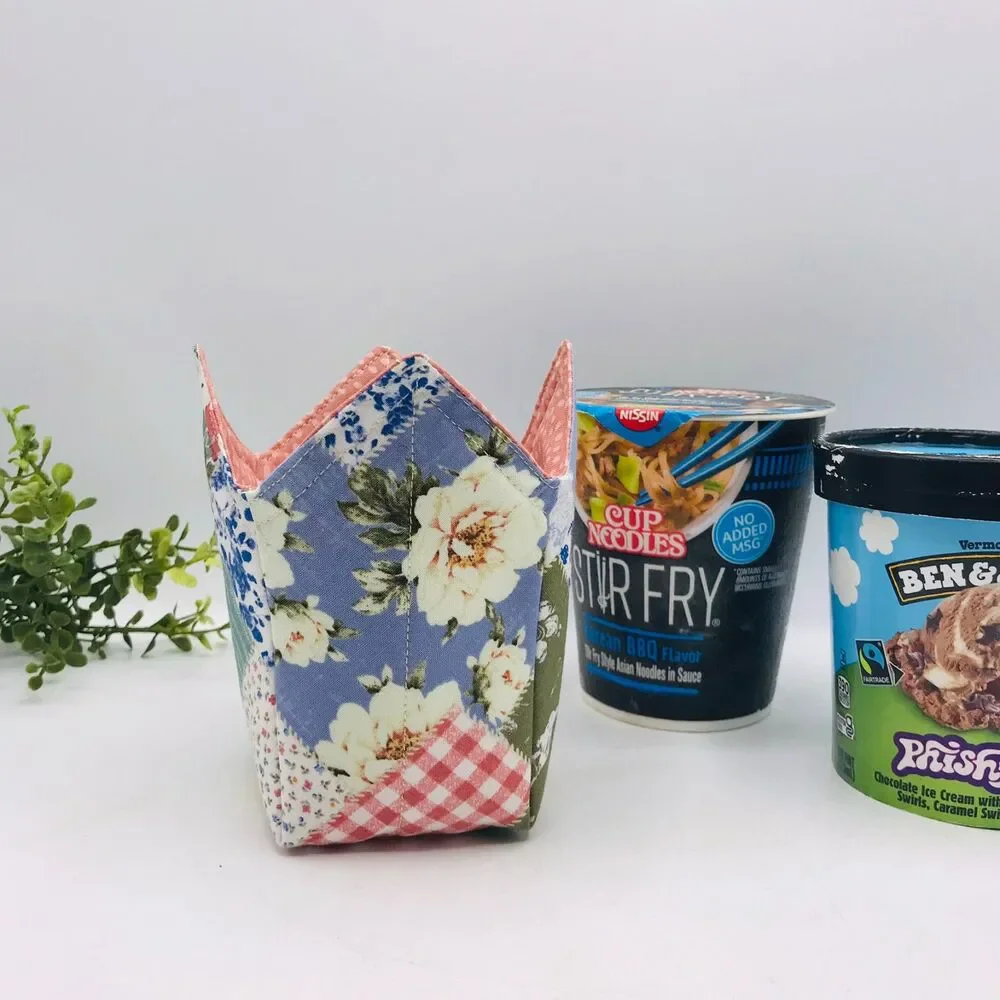 Microwave Pint Size Cozy, Reversible, Cottage Core Patchwork Rose Cream Blue